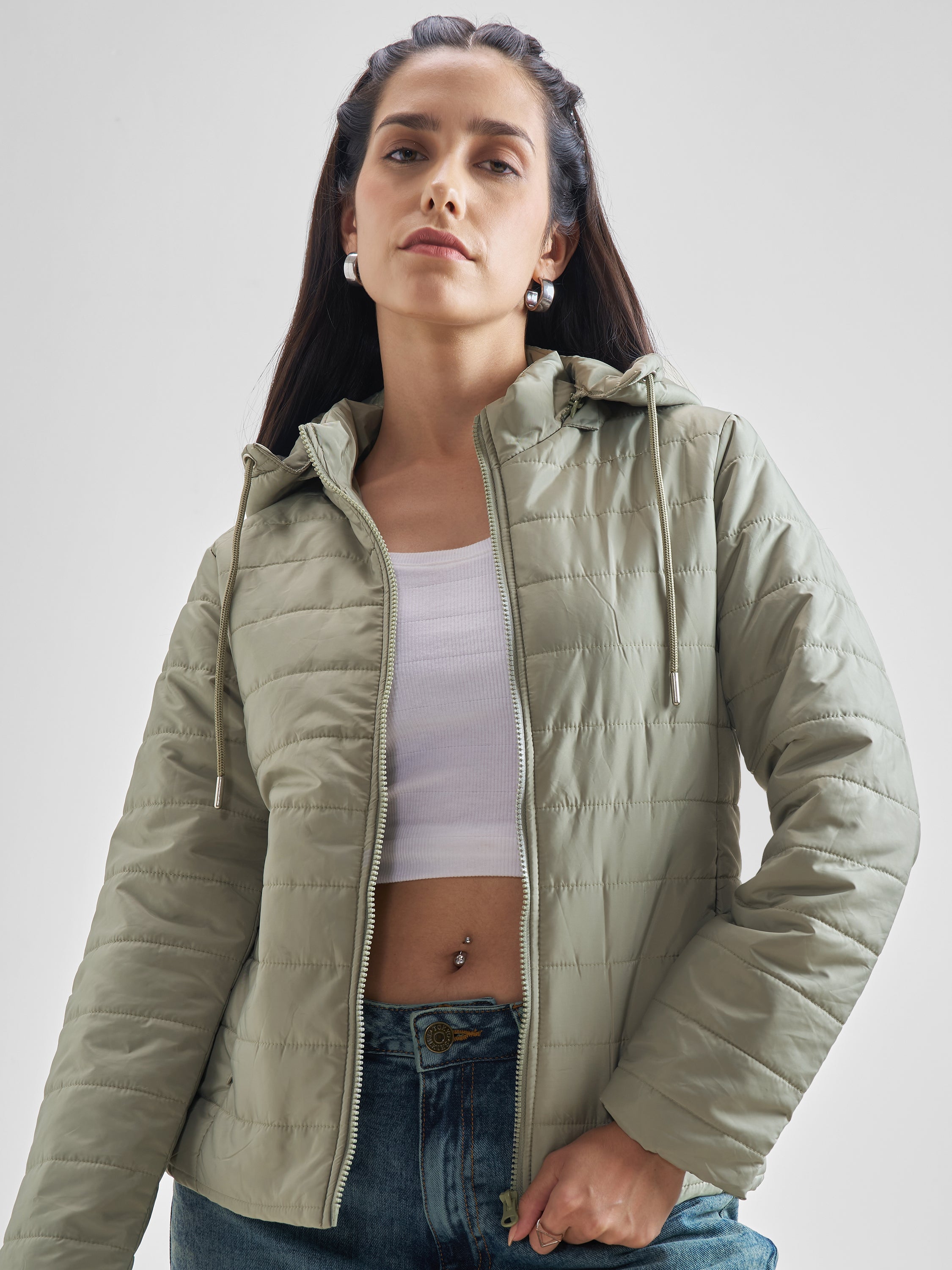 Tokyo Talkies Women Green Puffer Jacket - Green - Image 1