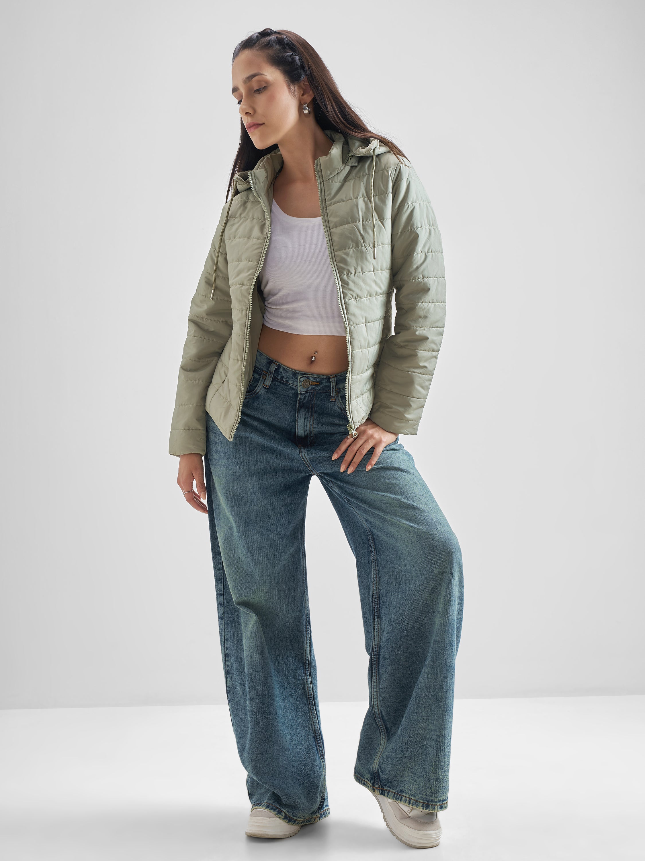 Tokyo Talkies Women Green Puffer Jacket - Green - Image 2