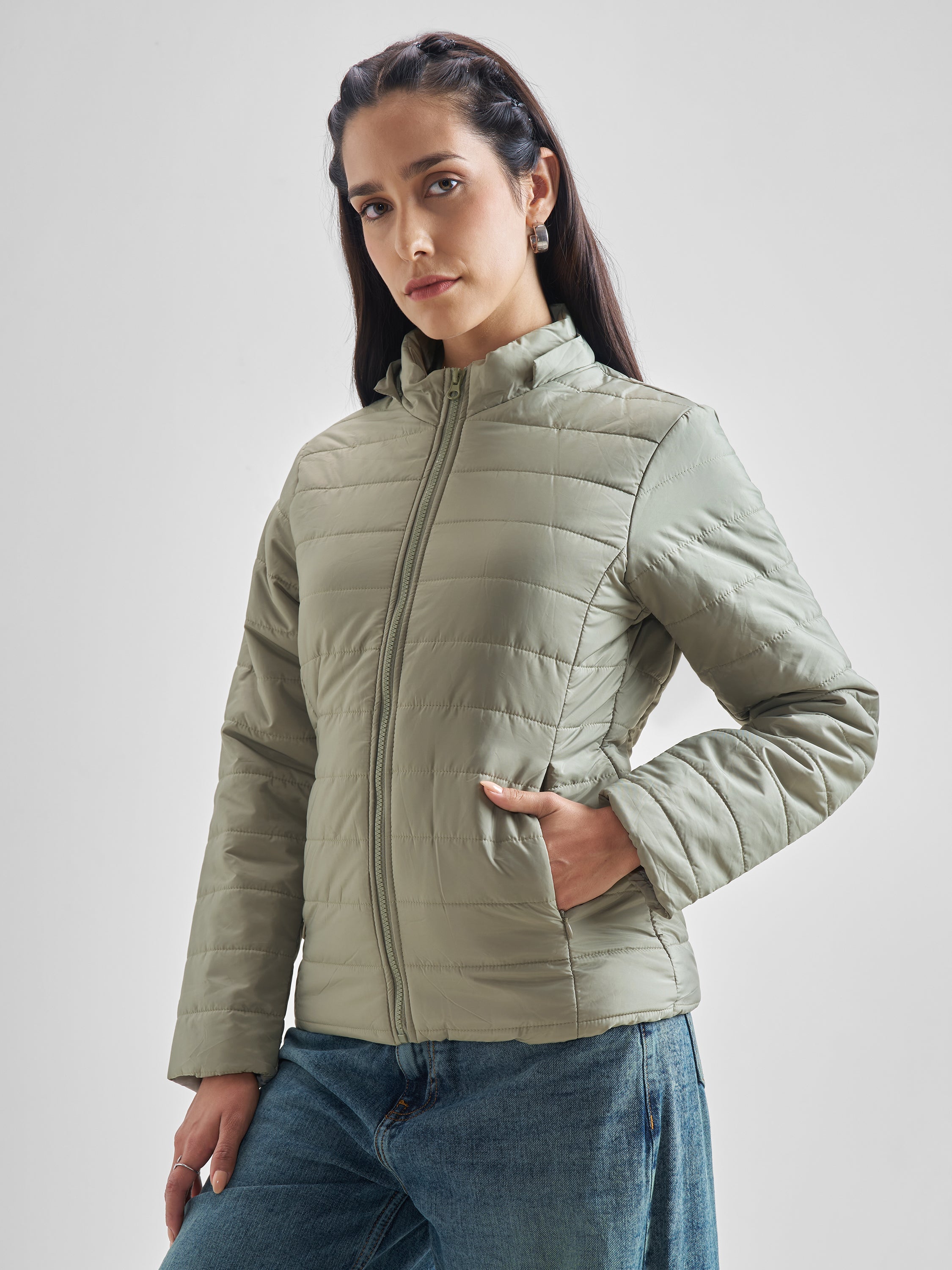 Tokyo Talkies Women Green Puffer Jacket - Green - Image 4
