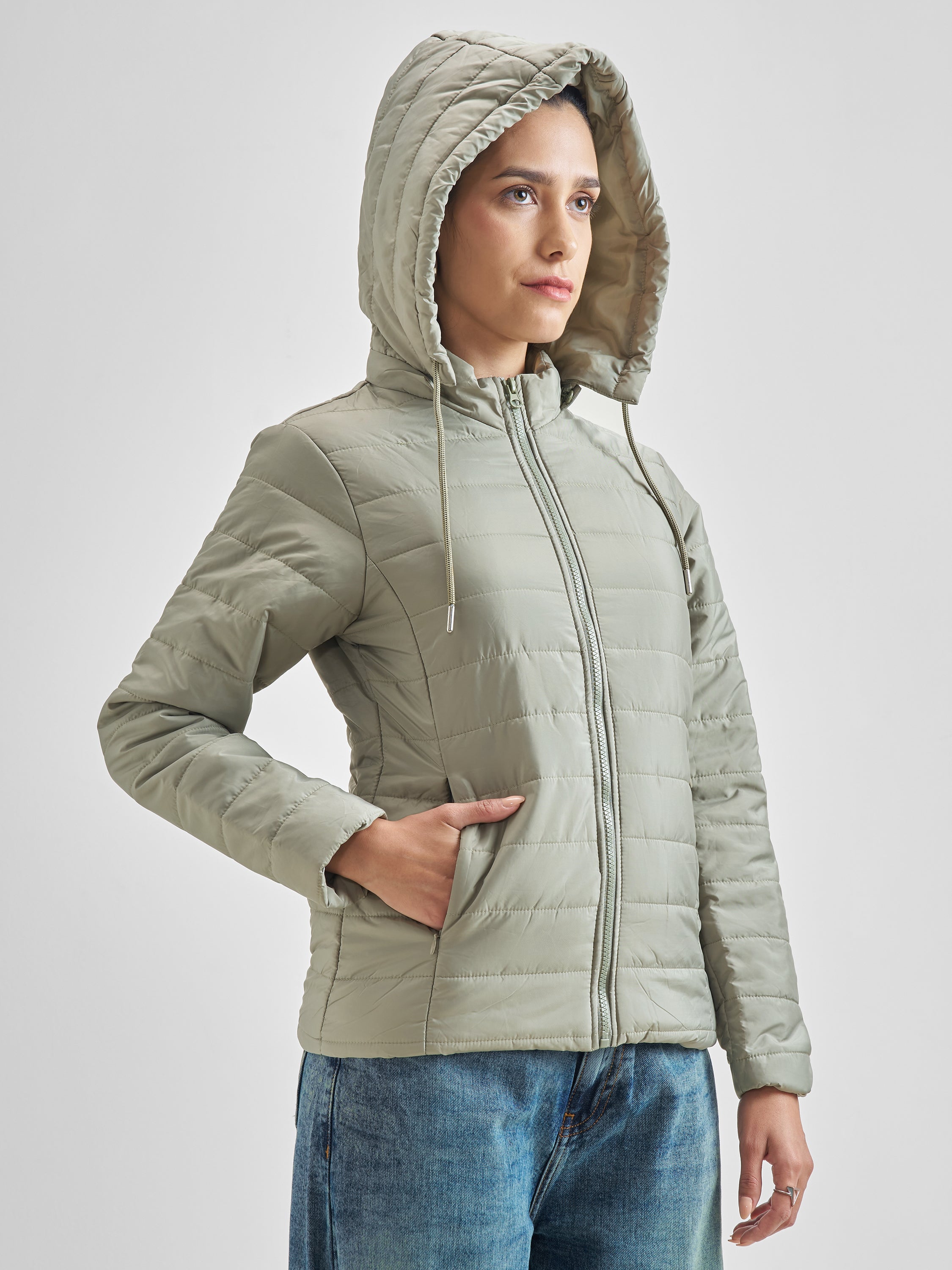 Tokyo Talkies Women Green Puffer Jacket - Green - Image 6