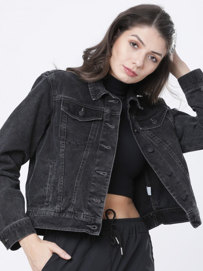Tokyo Talkies Women Grey Denim Jacket - Grey - Image 1
