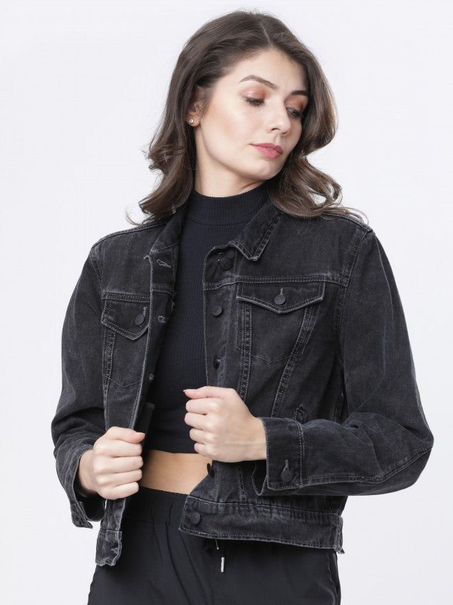 Tokyo Talkies Women Grey Denim Jacket - Grey - Image 3