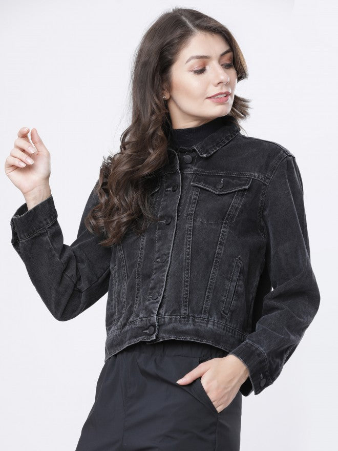 Tokyo Talkies Women Grey Denim Jacket - Grey - Image 4