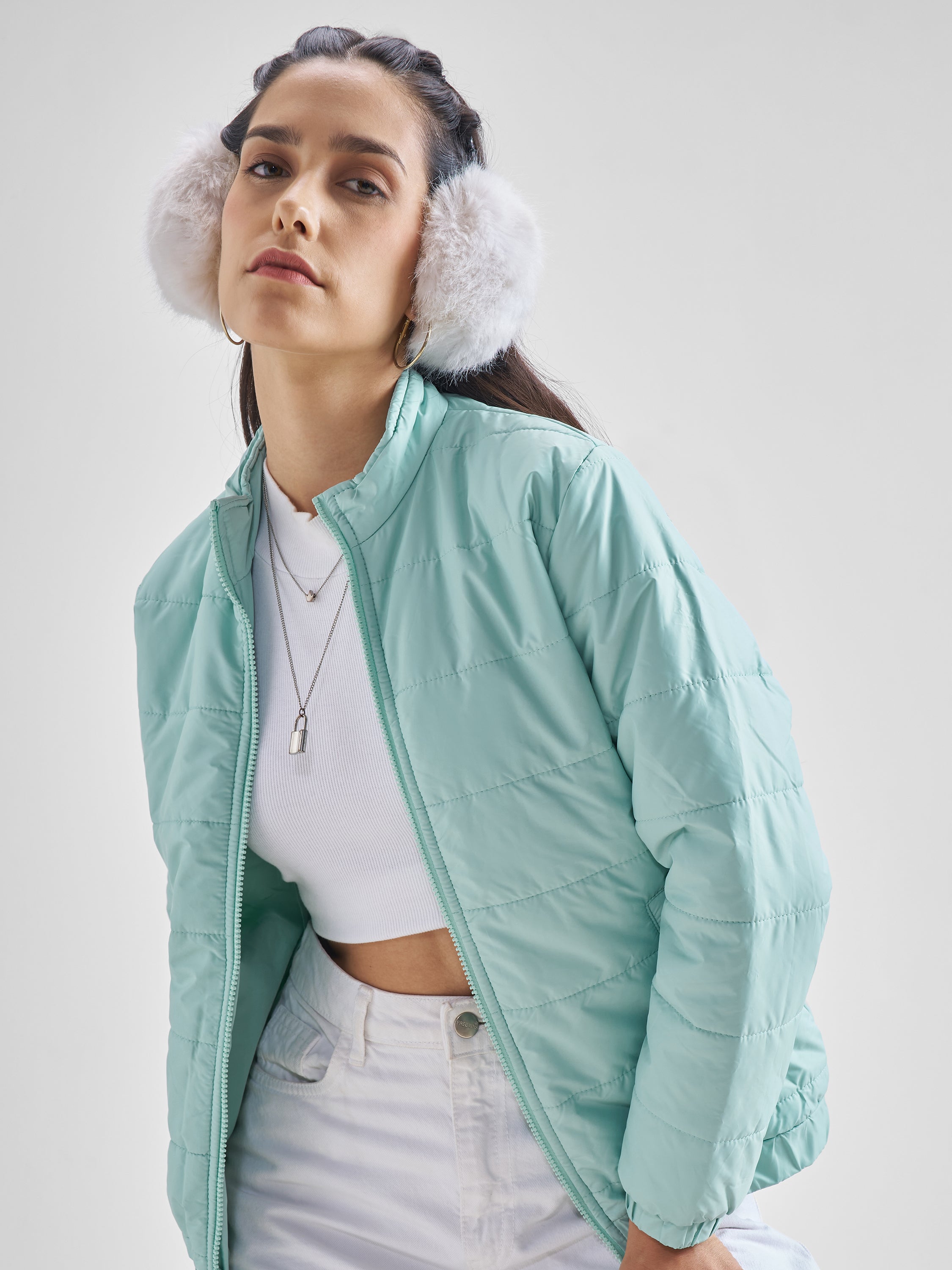 Tokyo Talkies Womens Teal Puffer Jacket - Blue - Image 1