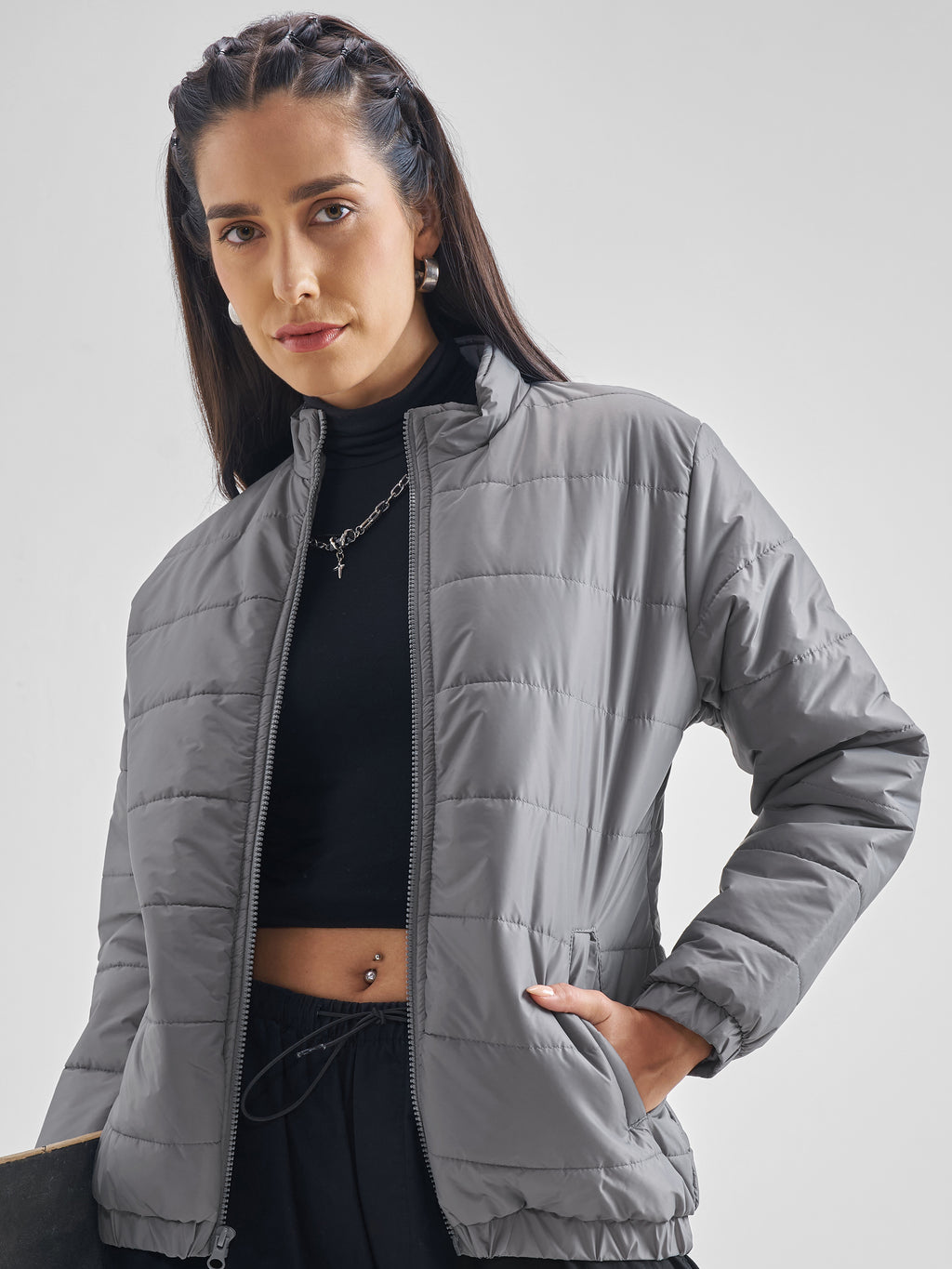 Tokyo Talkies Womens Grey/Silver Polyester Puffer Jacket - Grey - Image 1