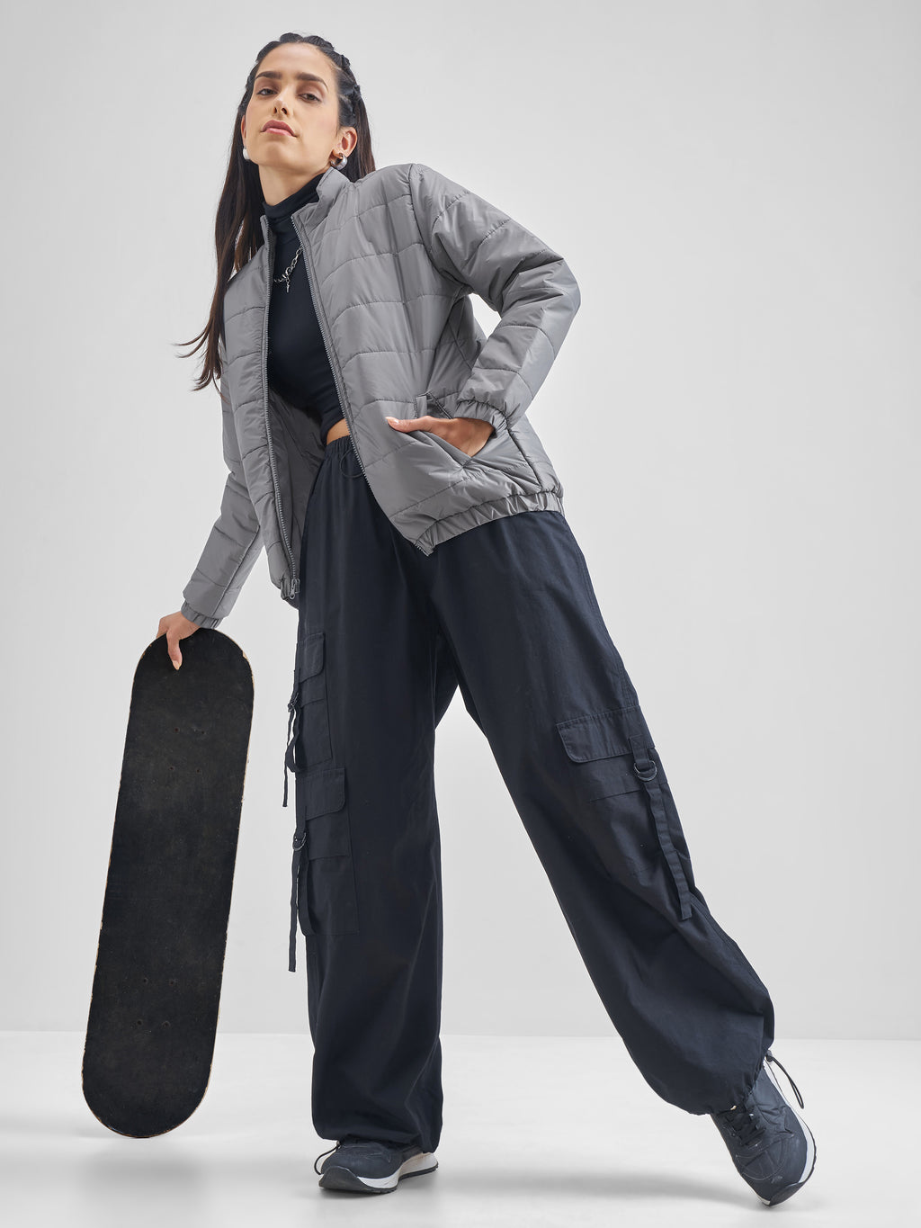Tokyo Talkies Womens Grey/Silver Polyester Puffer Jacket - Grey - Image 2