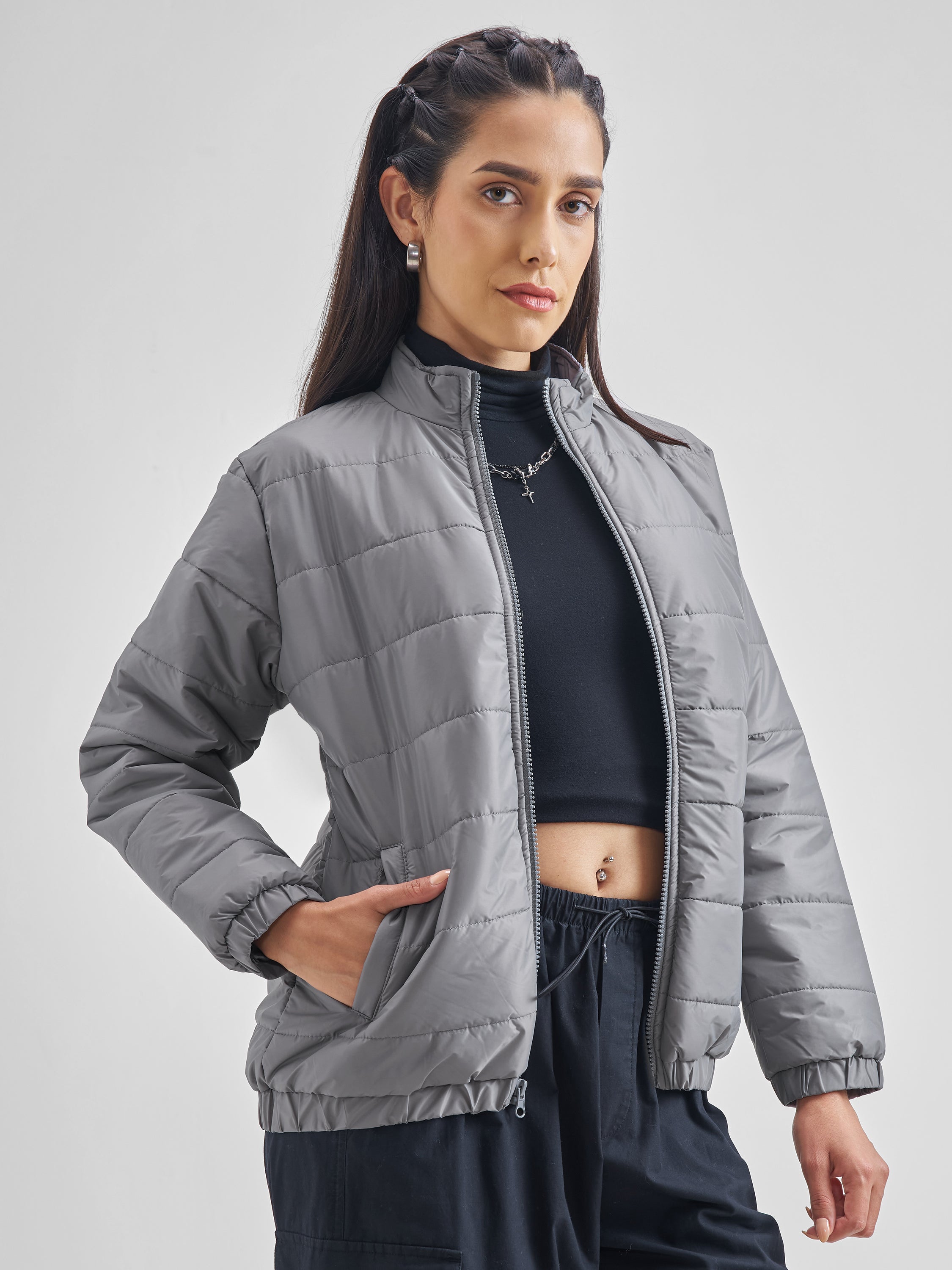 Tokyo Talkies Womens Grey/Silver Polyester Puffer Jacket - Grey - Image 6