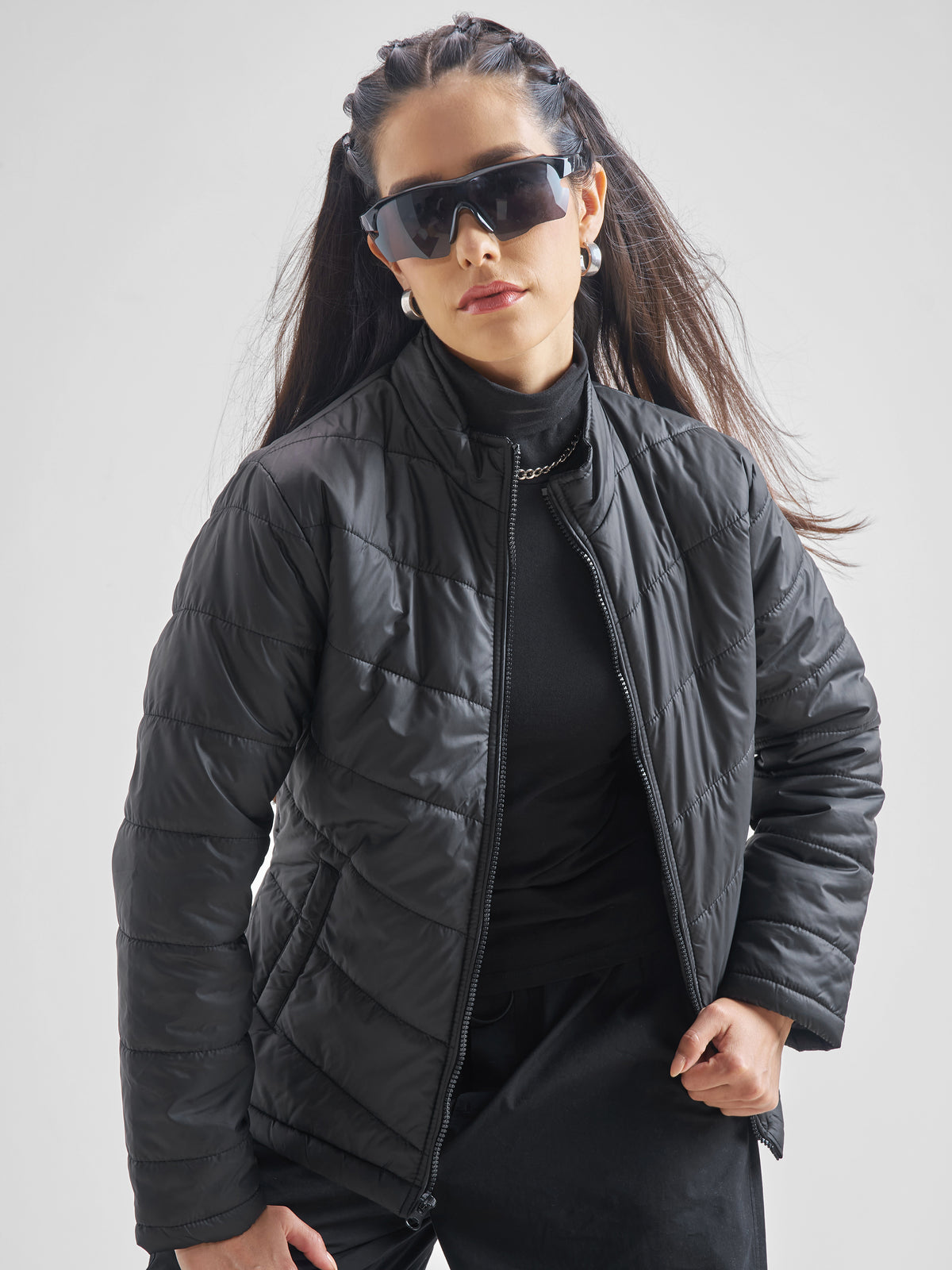 Tokyo Talkies Women Black Puffer Jacket - Black - Image 1