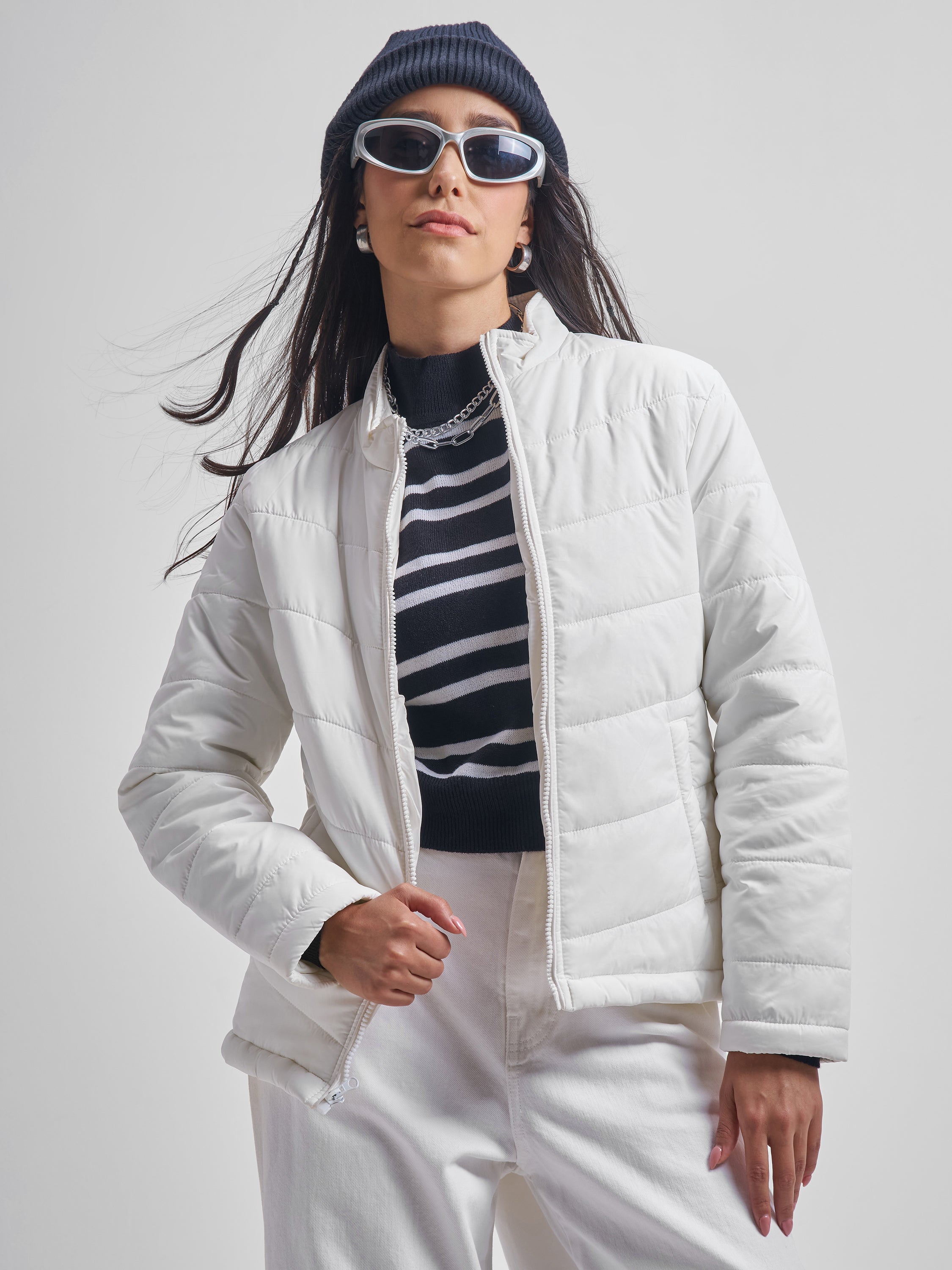 Tokyo Talkies Women White Puffer Jacket - White - Image 1