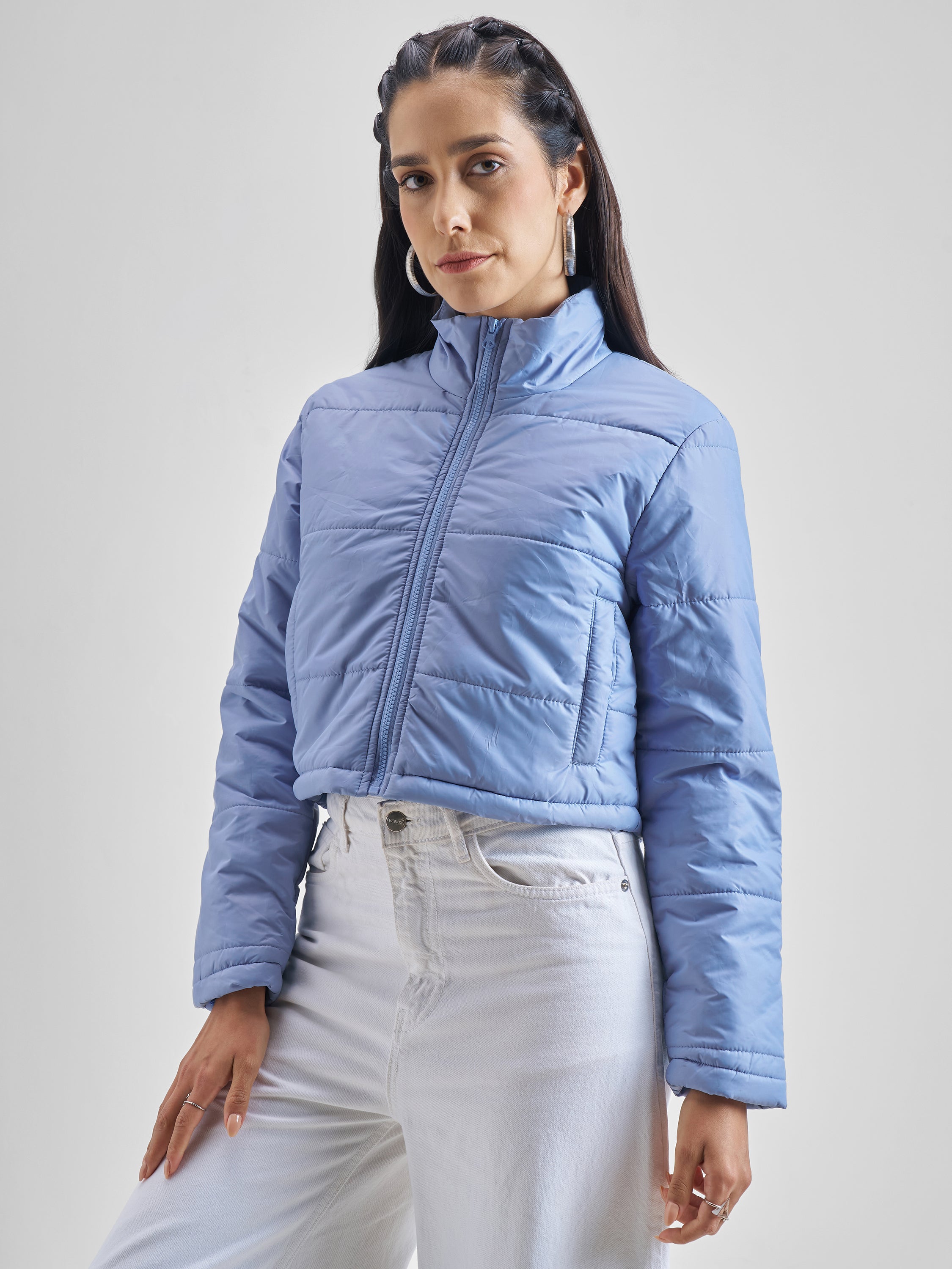 Tokyo Talkies Women Blue Puffer Jacket - Blue - Image 4