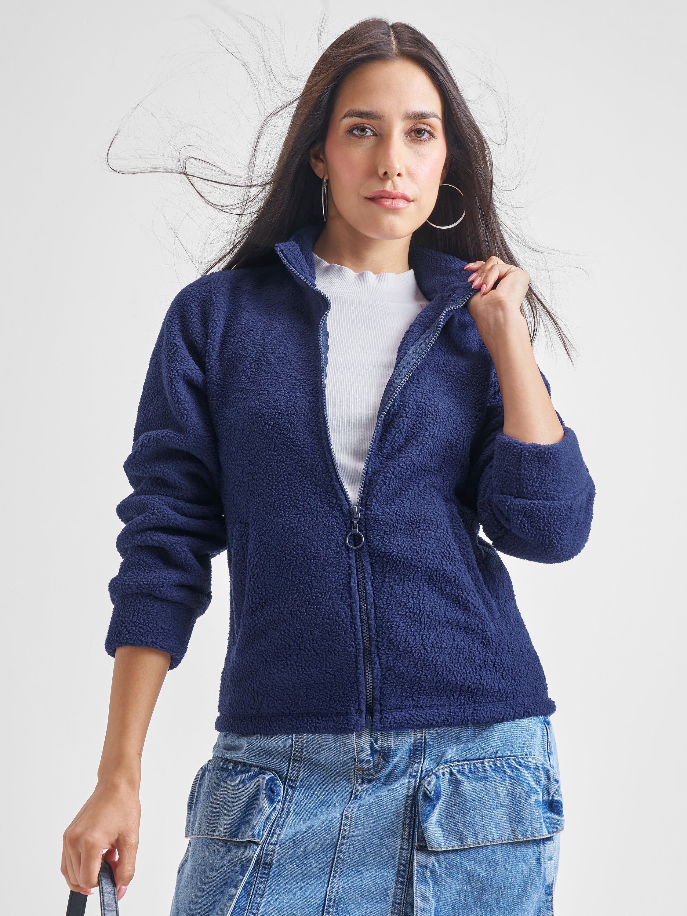 Tokyo Talkies Women Navy Blue Open Front Jacket - Navy Blue - Image 1