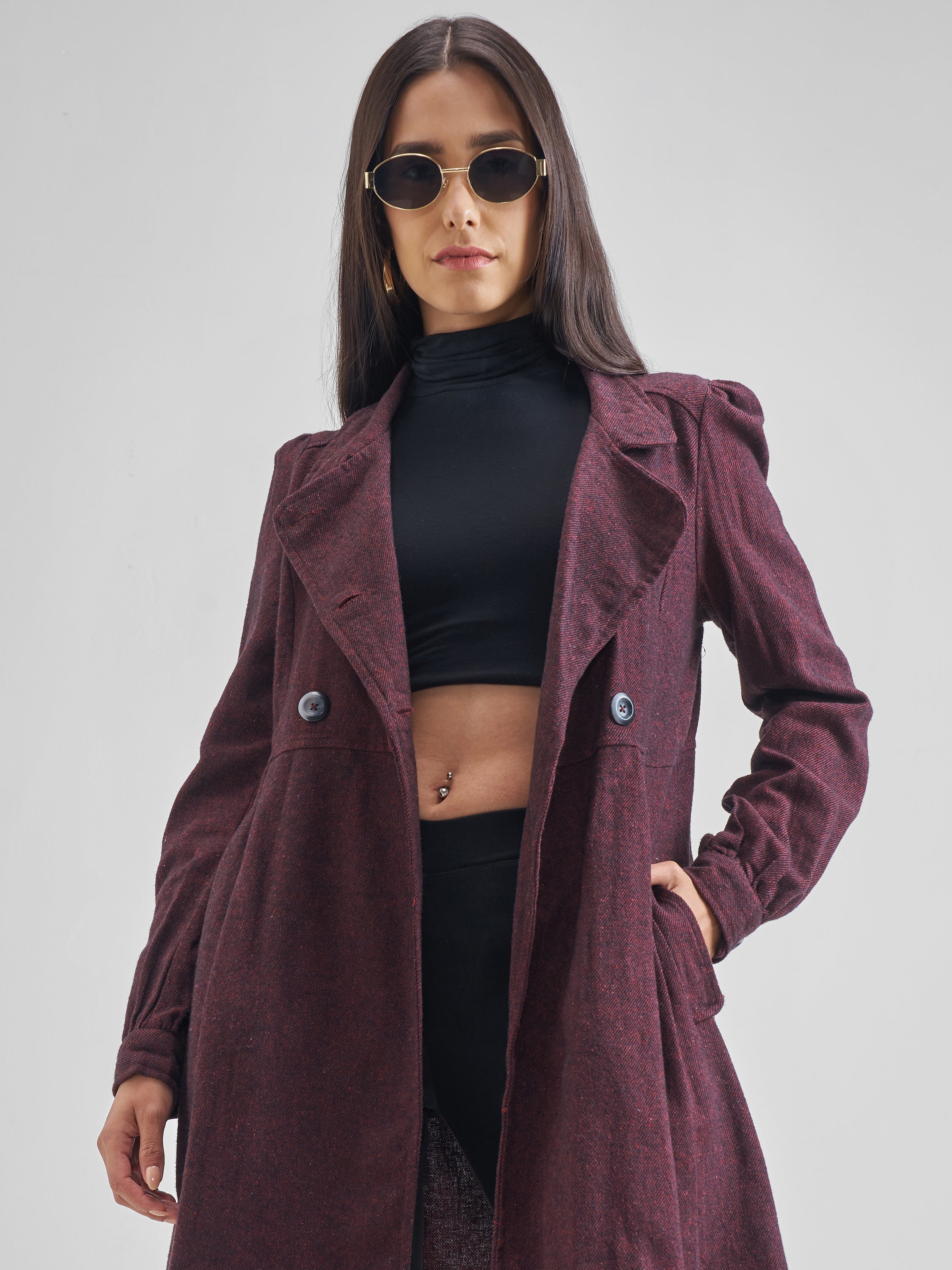 Tokyo Talkies Women Maroon/Black Longline Open Front Jacket - Maroon - Image 1