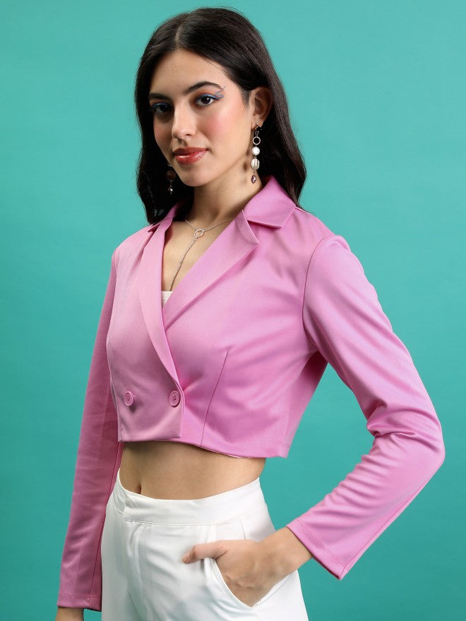 Tokyo Talkies Women Pink Double-Breasted Blazer - Pink - Image 4