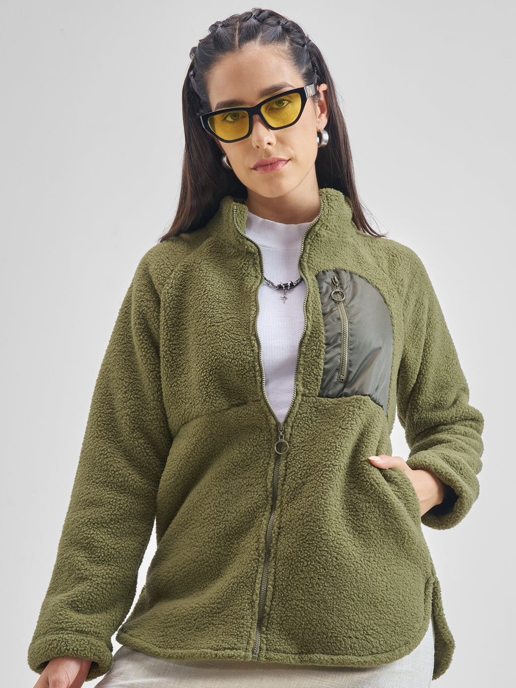 Tokyo Talkies Women Green Open Front Jacket - Green - Image 1