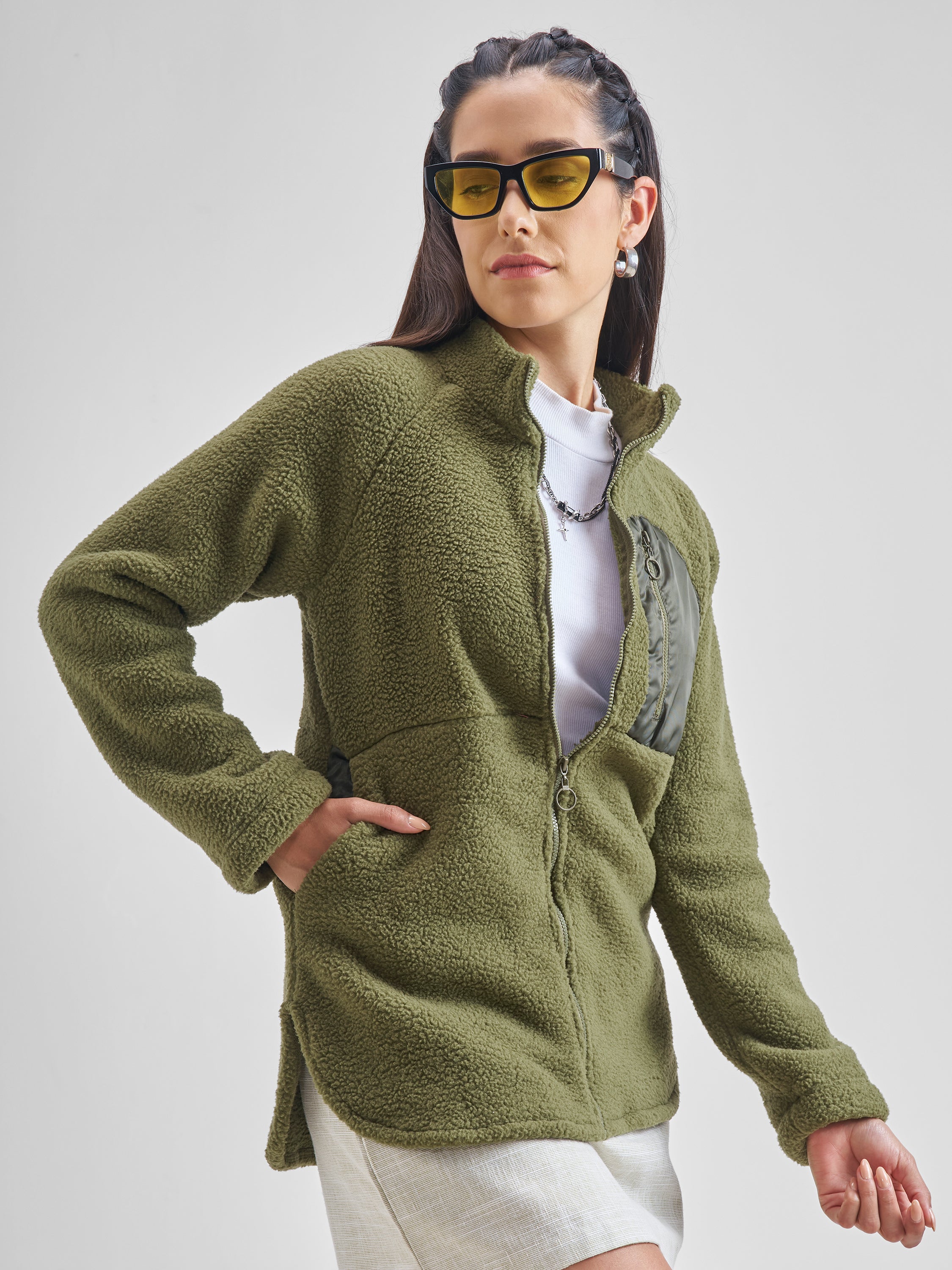 Tokyo Talkies Women Green Open Front Jacket - Green - Image 6