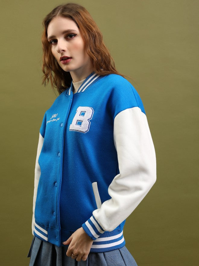 Tokyo Talkies Women Blue Varsity Jacket - Blue - Image 4