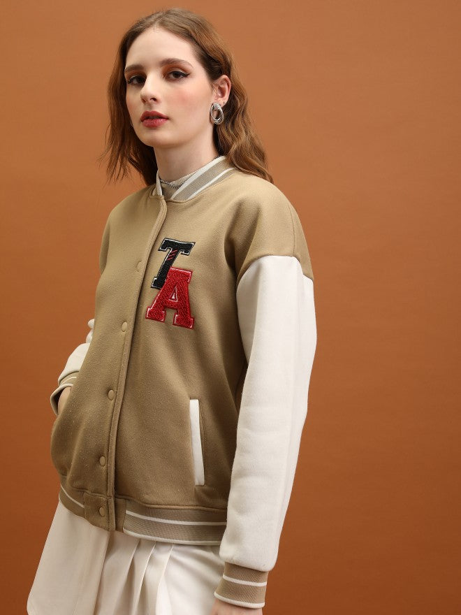 Tokyo Talkies Women Brown Varsity Jacket - Brown - Image 4