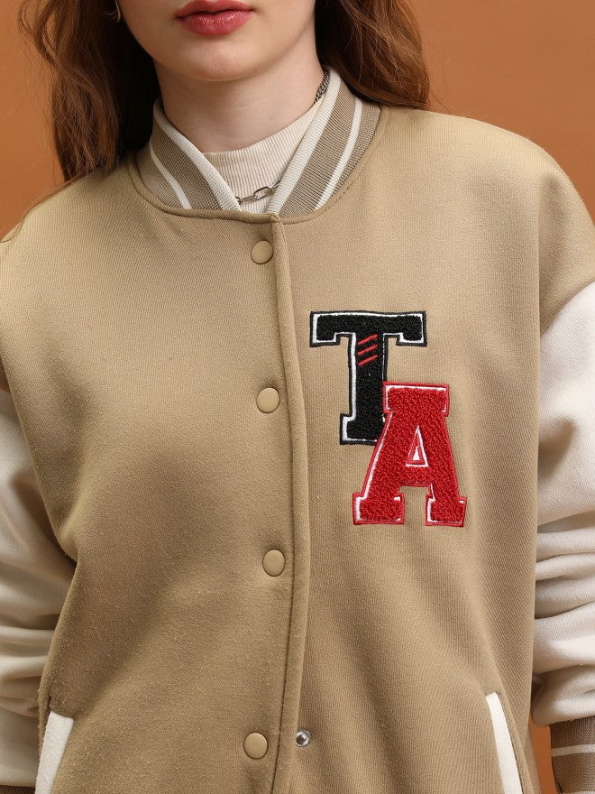 Tokyo Talkies Women Brown Varsity Jacket - Brown - Image 5