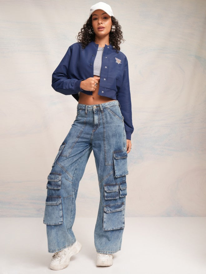 Tokyo Talkies Women Navy Blue Varsity Jacket - Navy Blue - Image 2