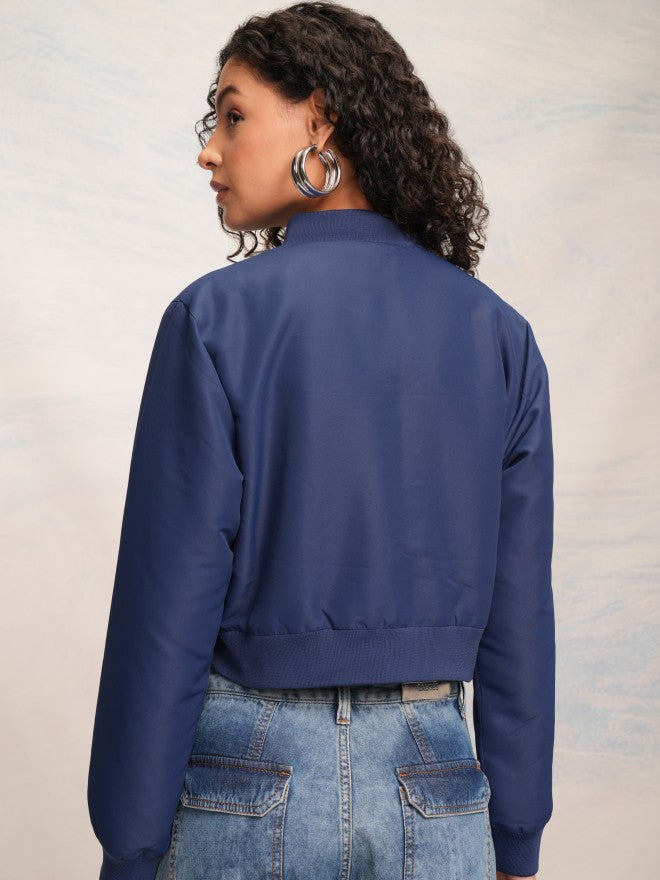 Tokyo Talkies Women Navy Blue Varsity Jacket - Navy Blue - Image 3