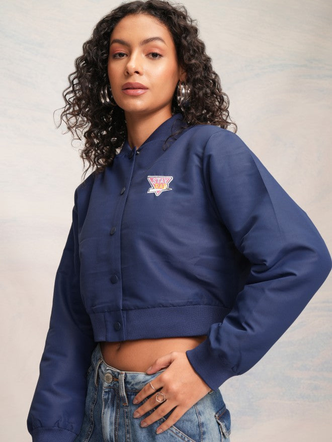 Tokyo Talkies Women Navy Blue Varsity Jacket - Navy Blue - Image 4