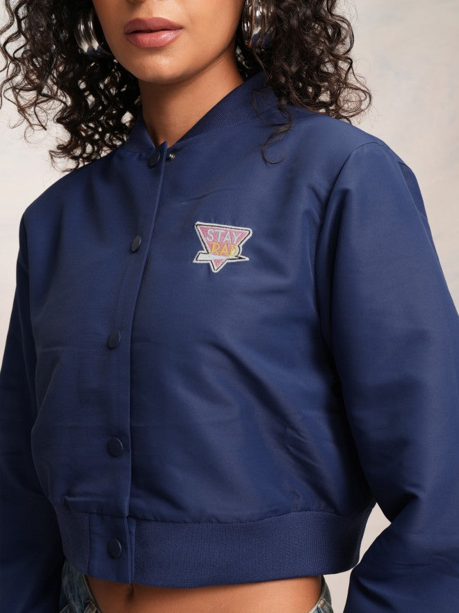 Tokyo Talkies Women Navy Blue Varsity Jacket - Navy Blue - Image 5