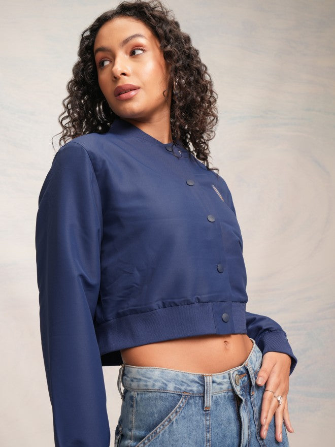 Tokyo Talkies Women Navy Blue Varsity Jacket - Navy Blue - Image 6