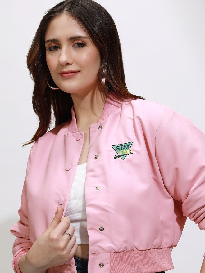 Tokyo Talkies Women Pink Varsity Jacket - Pink - Image 1