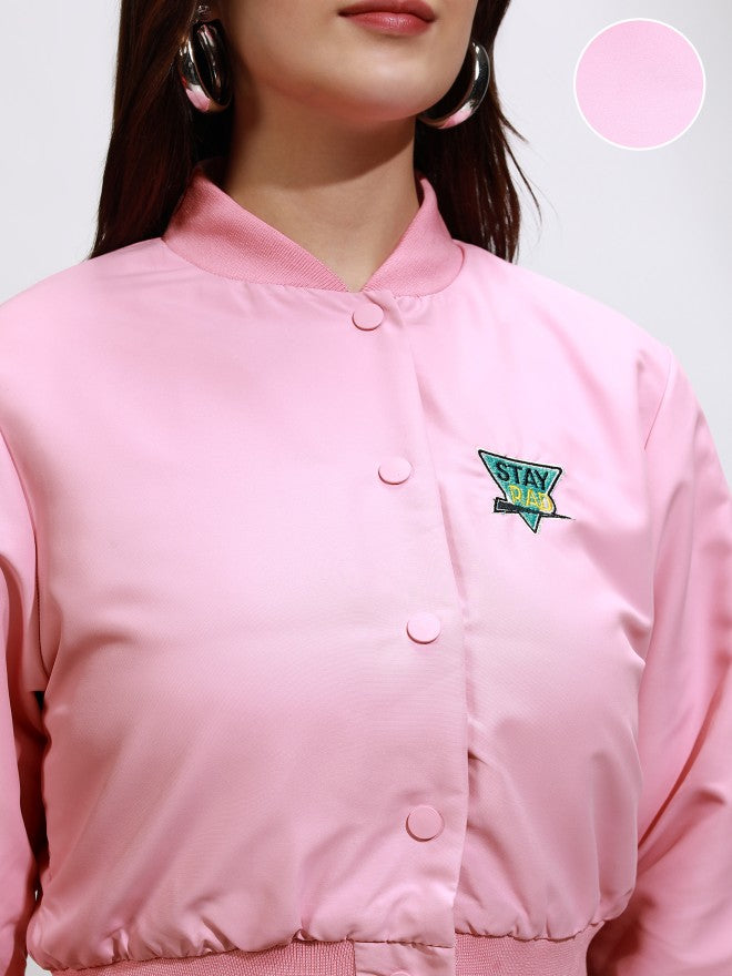 Tokyo Talkies Women Pink Varsity Jacket - Pink - Image 5
