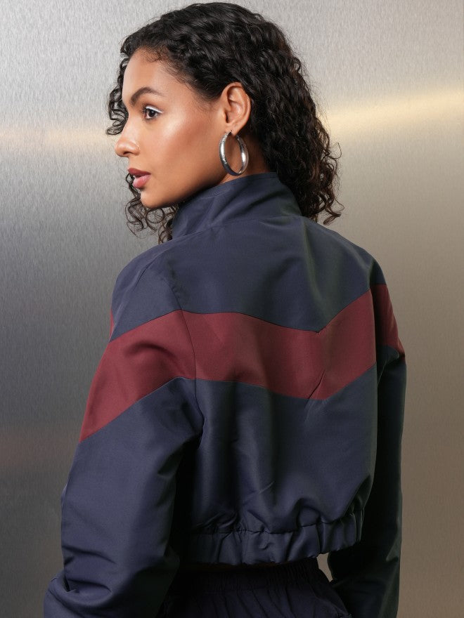 Tokyo Talkies Women Navy Blue Bomber Jacket - Navy Blue - Image 3