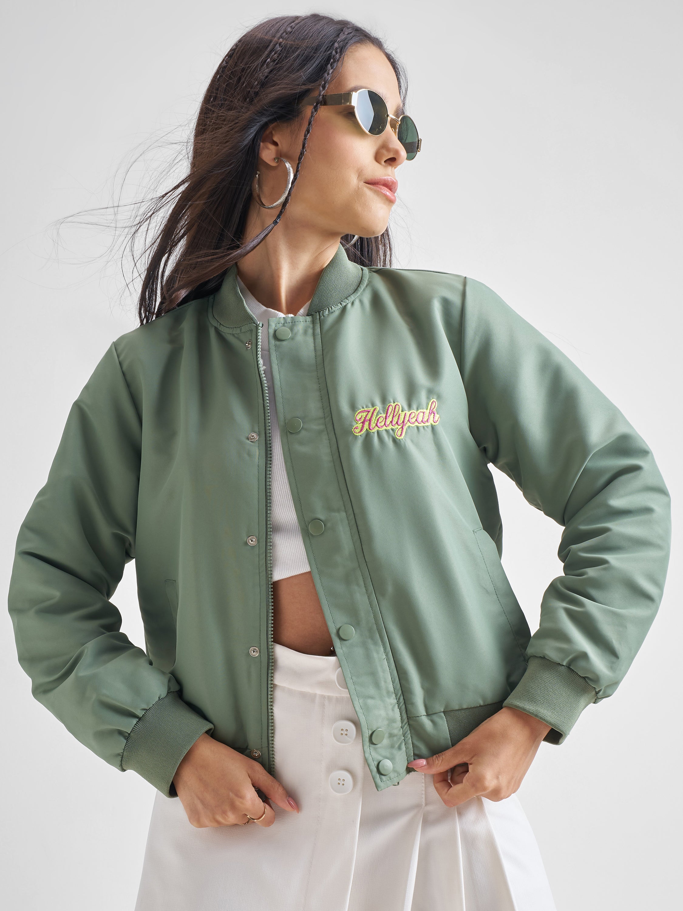 Tokyo Talkies Women Green Bomber Jacket - Green - Image 1