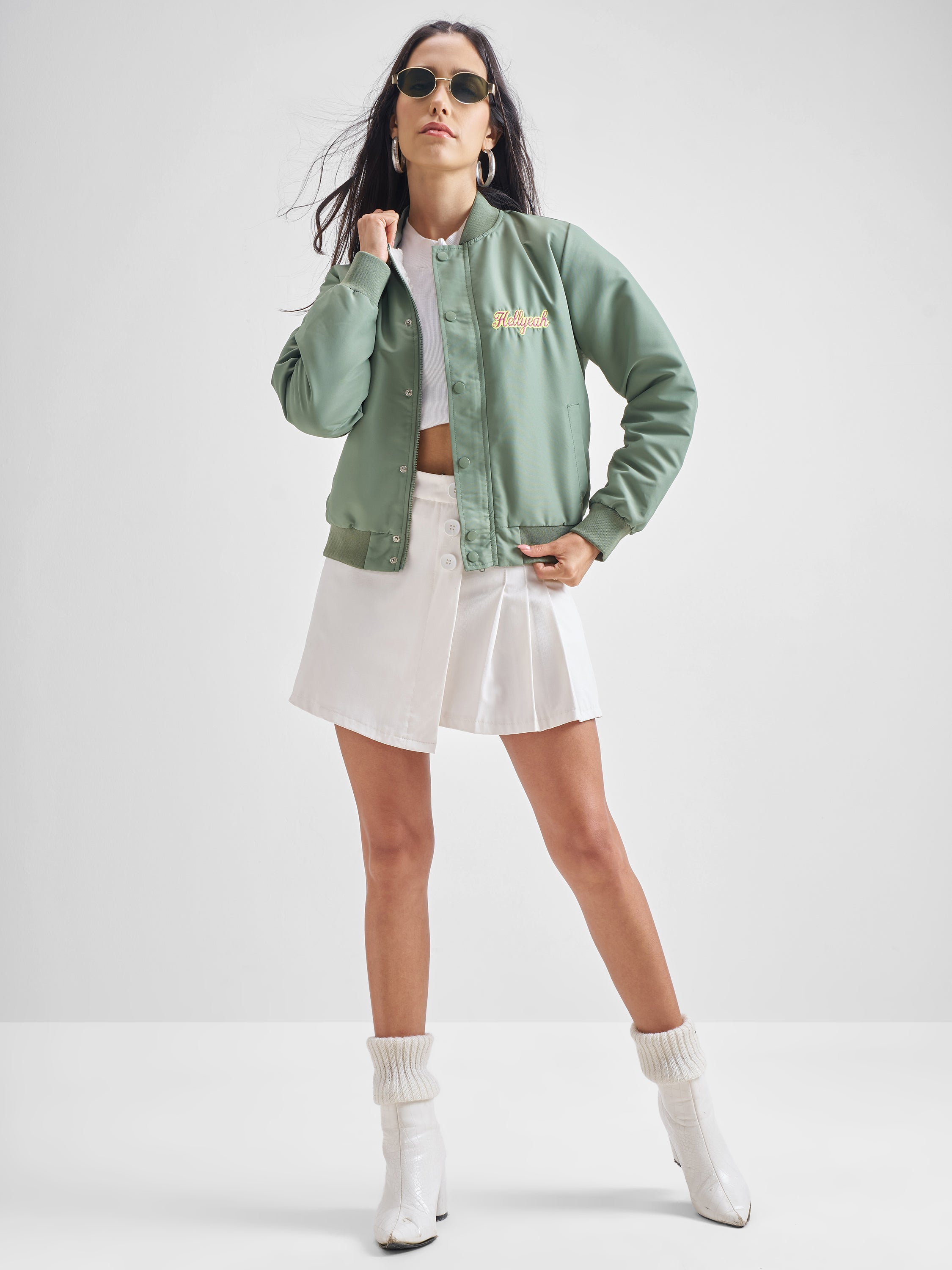Tokyo Talkies Women Green Bomber Jacket - Green - Image 2