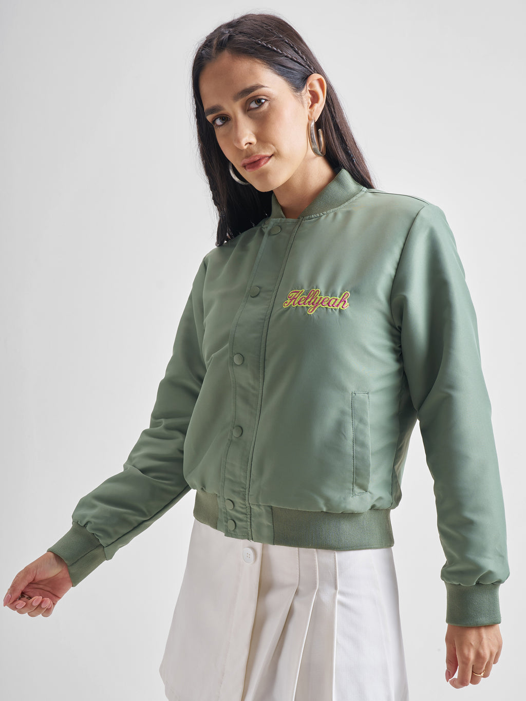Tokyo Talkies Women Green Bomber Jacket - Green - Image 4