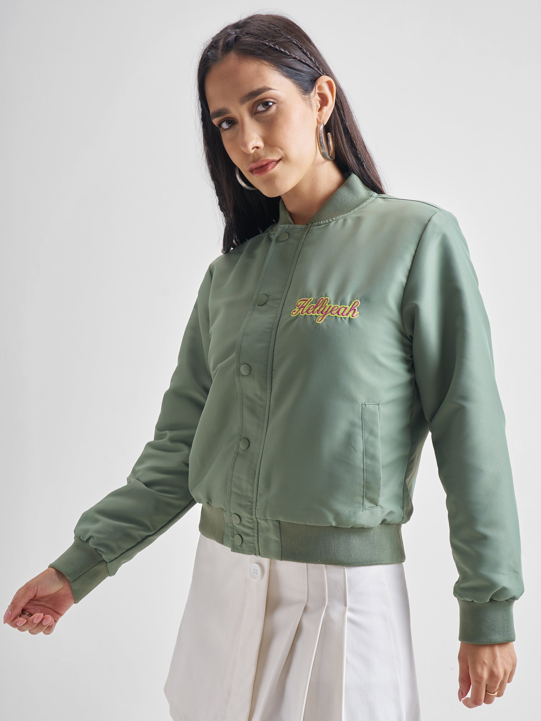 Tokyo Talkies Women Green Bomber Jacket - Green - Image 4