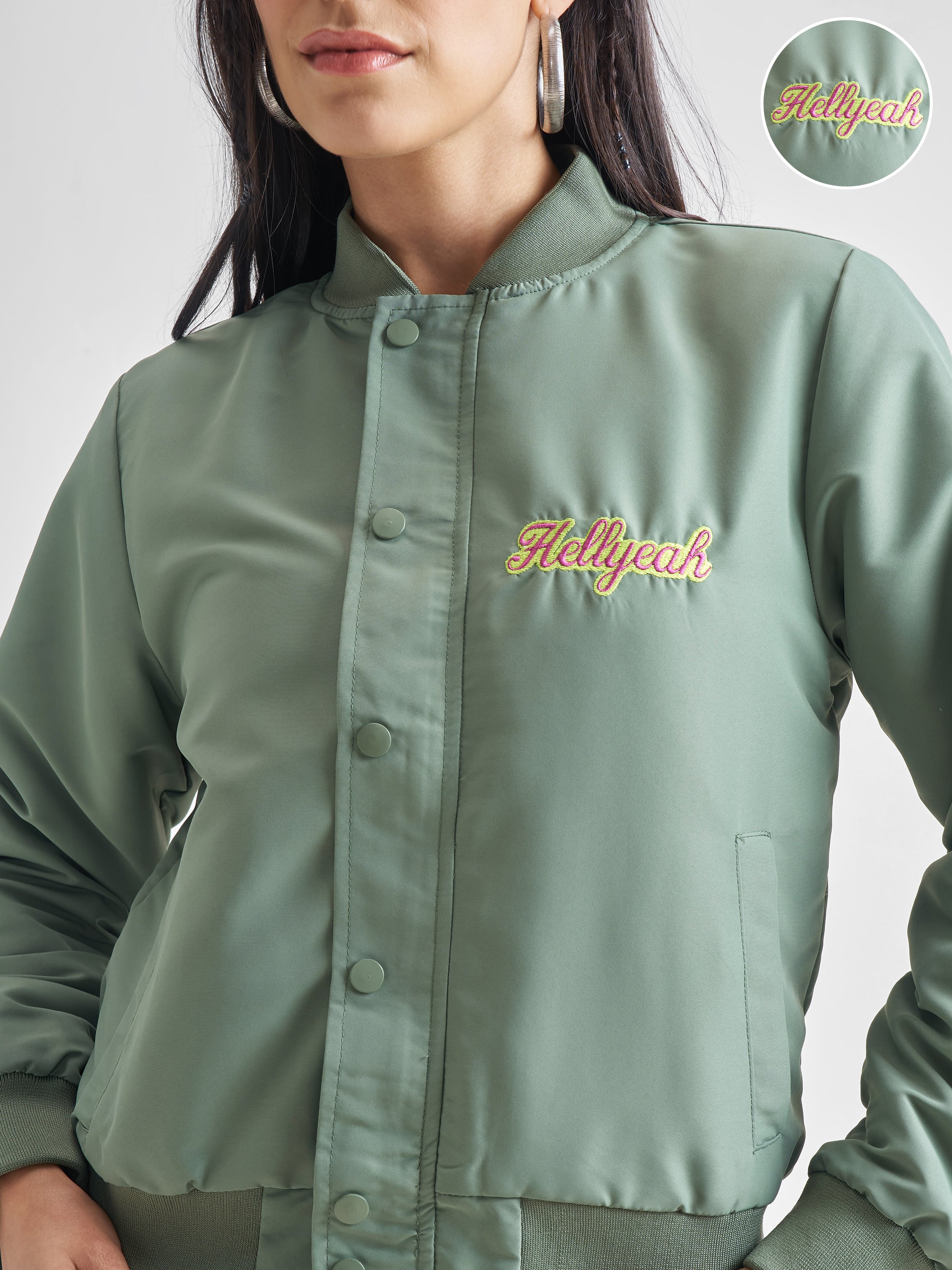 Tokyo Talkies Women Green Bomber Jacket - Green - Image 5