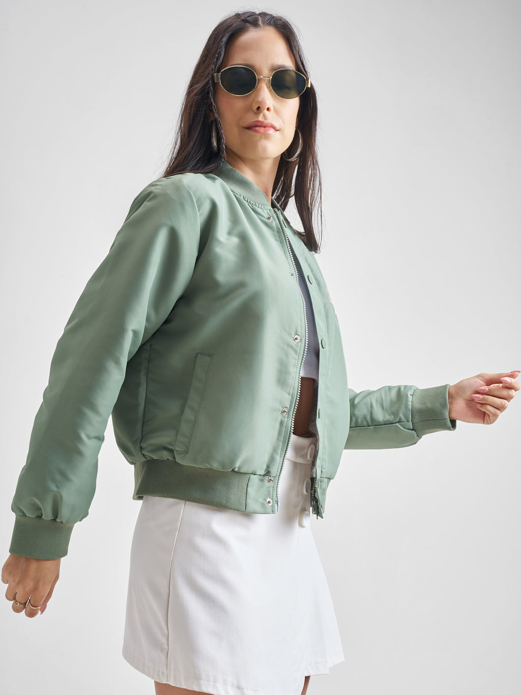 Tokyo Talkies Women Green Bomber Jacket - Green - Image 6