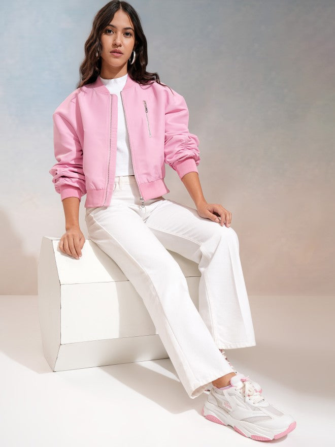 Tokyo Talkies Women Pink Bomber Jacket - Pink - Image 2