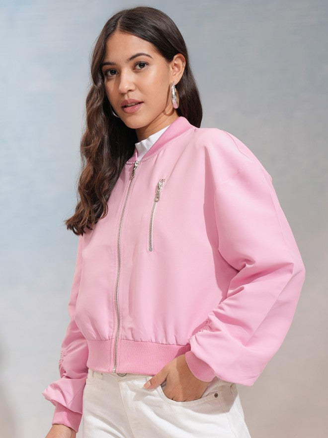 Tokyo Talkies Women Pink Bomber Jacket - Pink - Image 4