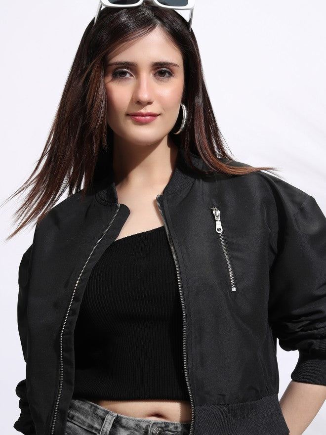 Tokyo Talkies Women Black Bomber Jacket - Black - Image 1