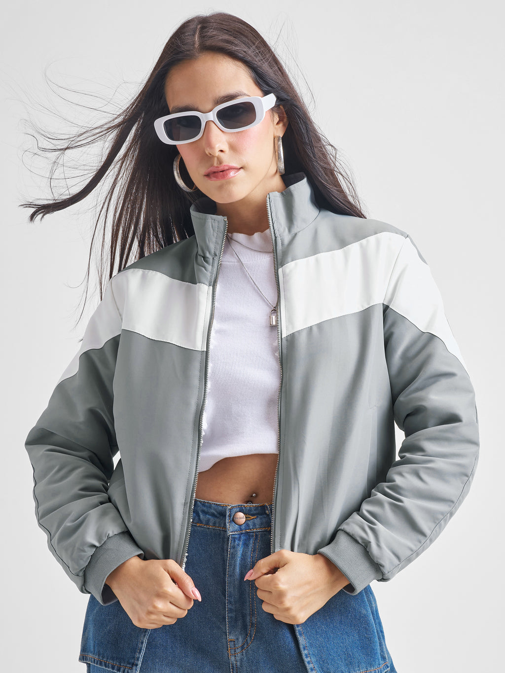 Tokyo Talkies Women Grey Bomber Jacket - Grey - Image 1