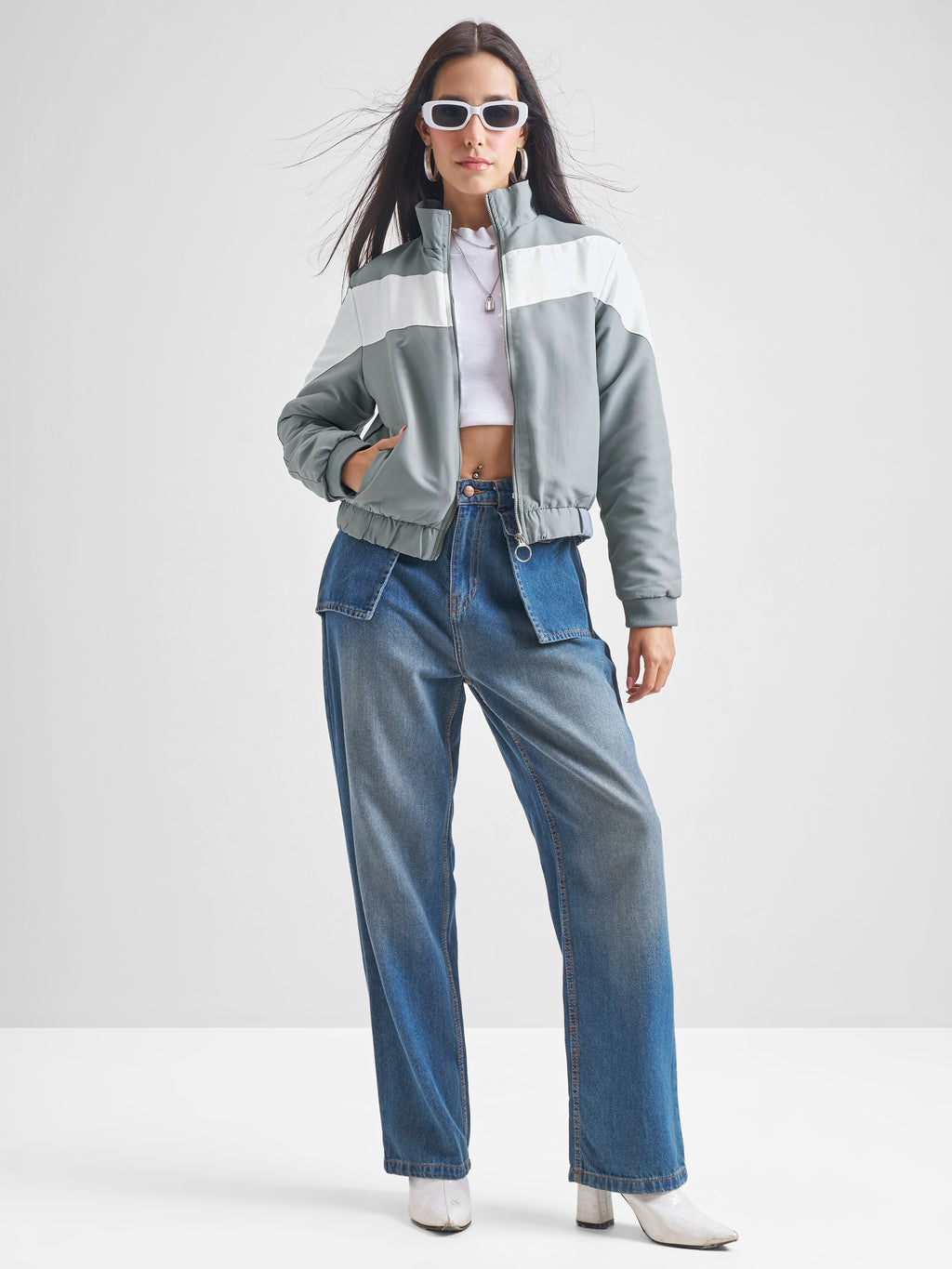 Tokyo Talkies Women Grey Bomber Jacket - Grey - Image 2