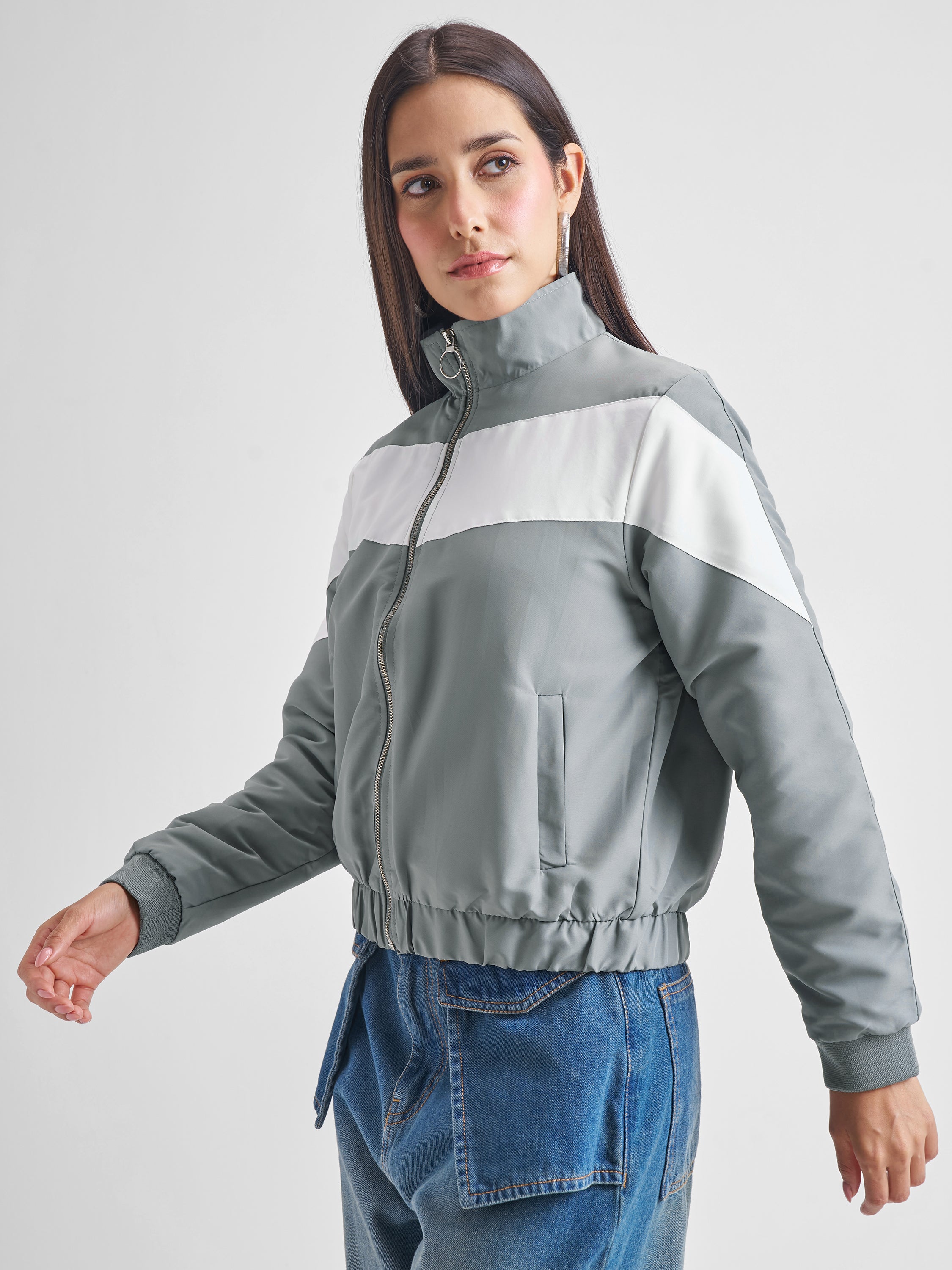 Tokyo Talkies Women Grey Bomber Jacket - Grey - Image 4