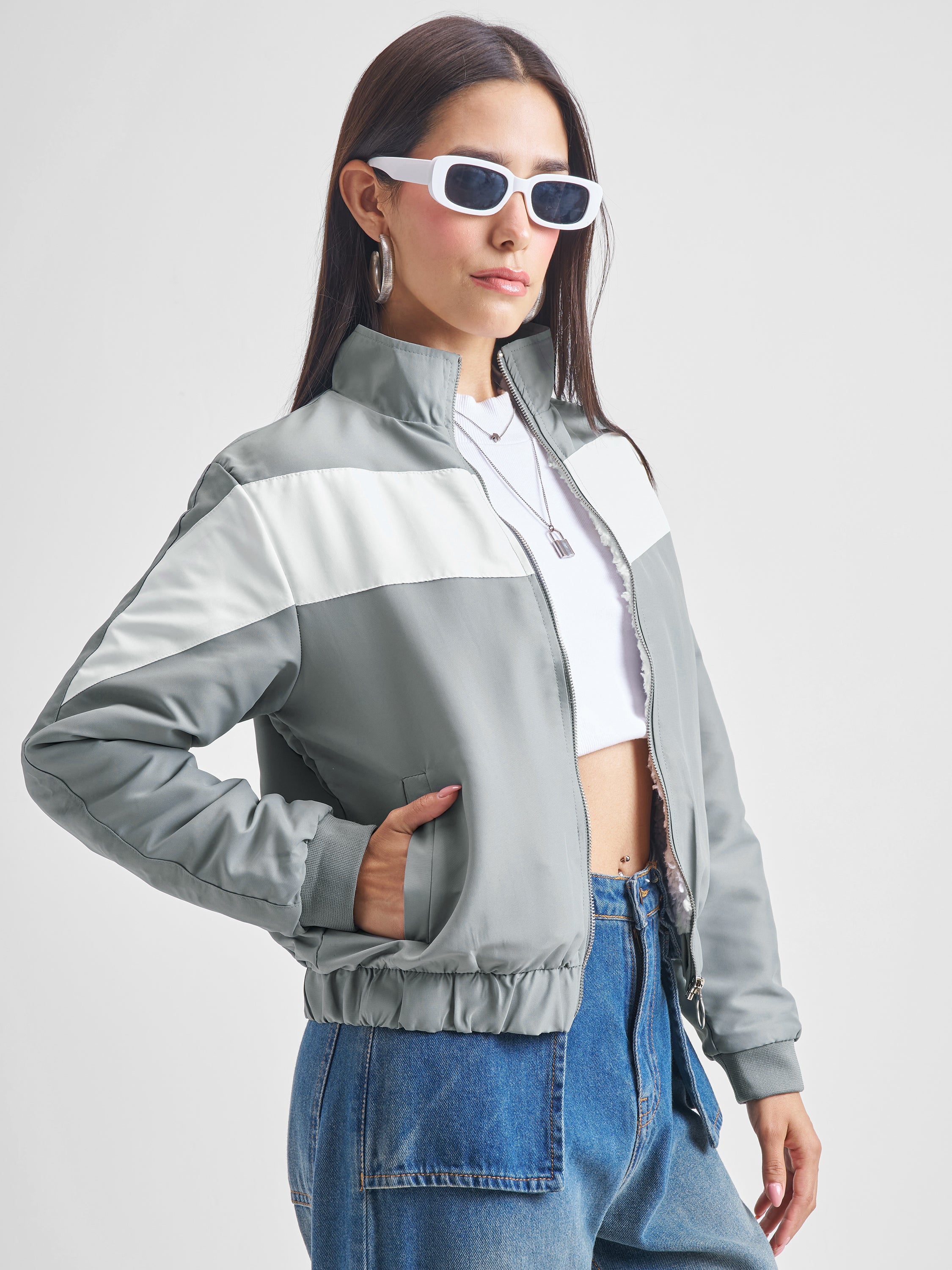 Tokyo Talkies Women Grey Bomber Jacket - Grey - Image 6