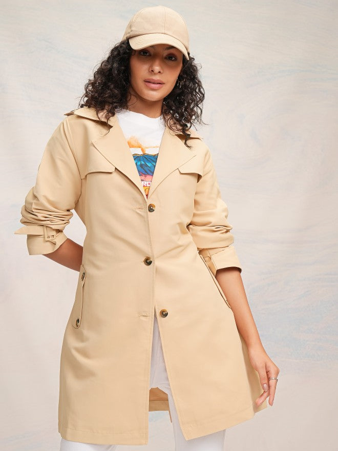Tokyo Talkies Women Beige Open Front Trench Coat - Beige - Image 1