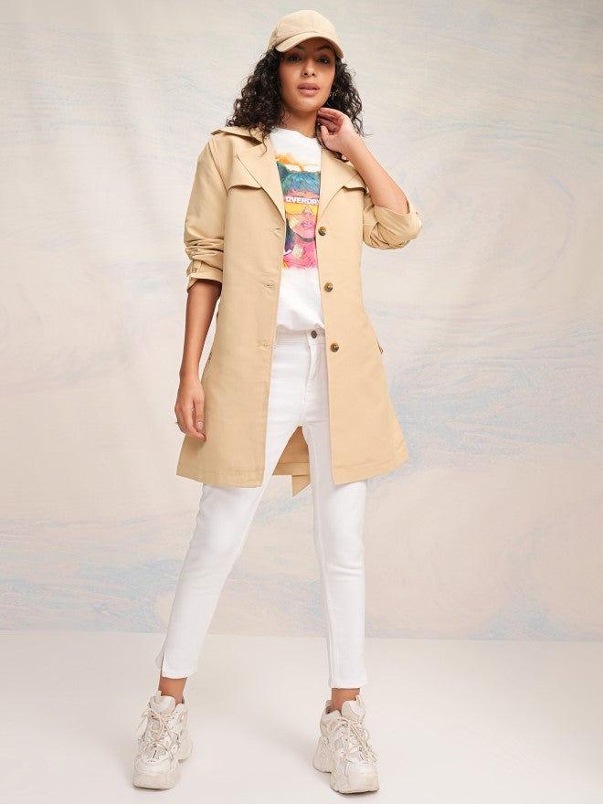 Tokyo Talkies Women Beige Open Front Trench Coat - Beige - Image 2