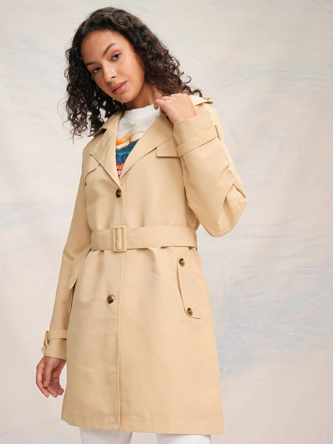 Tokyo Talkies Women Beige Open Front Trench Coat - Beige - Image 4