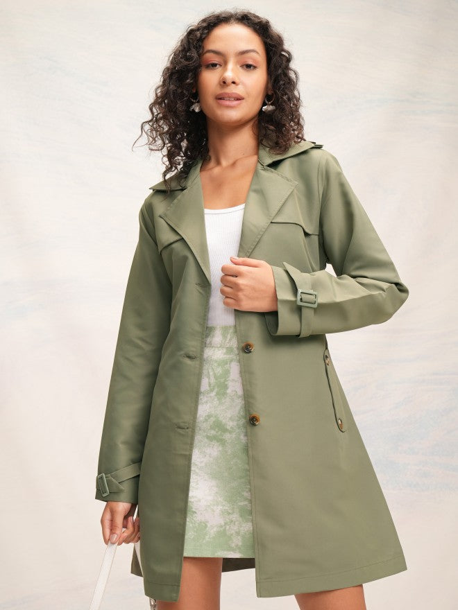 Tokyo Talkies Women Olive Open Front Trench Coat - Olive - Image 1