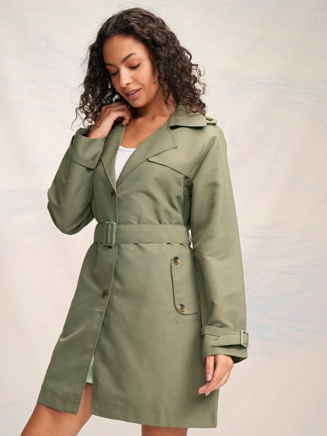 Tokyo Talkies Women Olive Open Front Trench Coat - Olive - Image 4