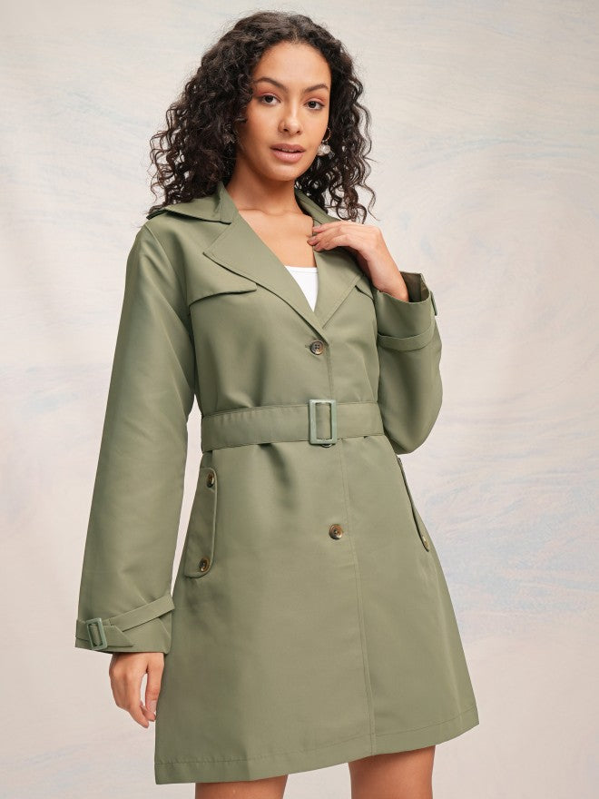 Tokyo Talkies Women Olive Open Front Trench Coat - Olive - Image 6
