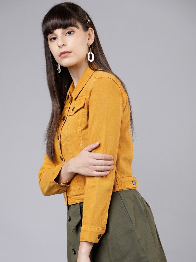 Tokyo Talkies Women Mustard Denim Jacket - Mustard - Image 3